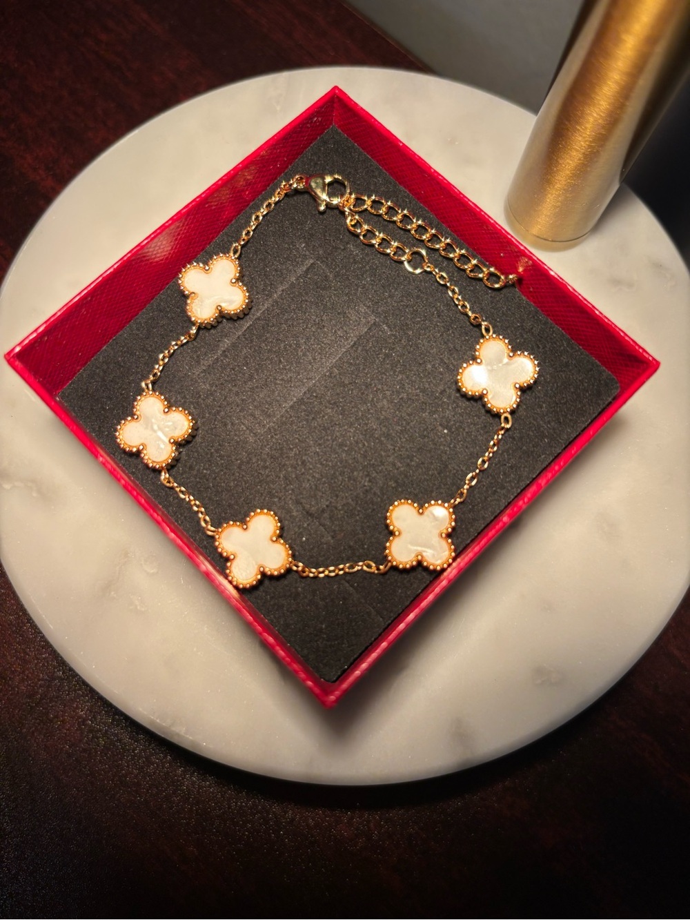 Gold Clover Link Bracelet with White Mother-of-Pearl Accents